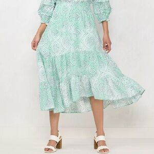 LC Lauren Conrad Mint Green & White Cotton High Low Tier Skirt Elastic Waist L